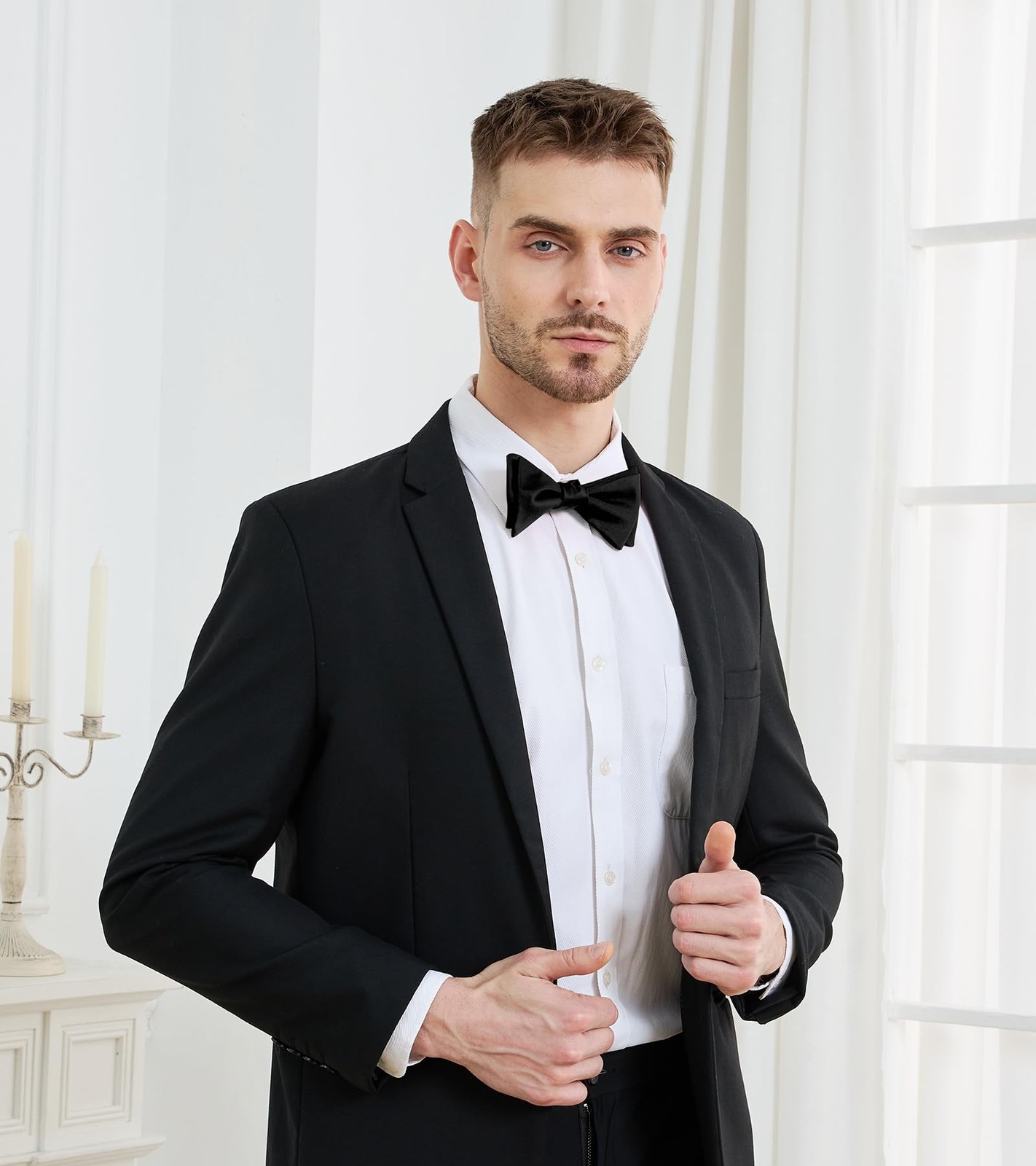 Mens Black Solid Self Bow Tie Jacquard Woven Silk Bow Ties
