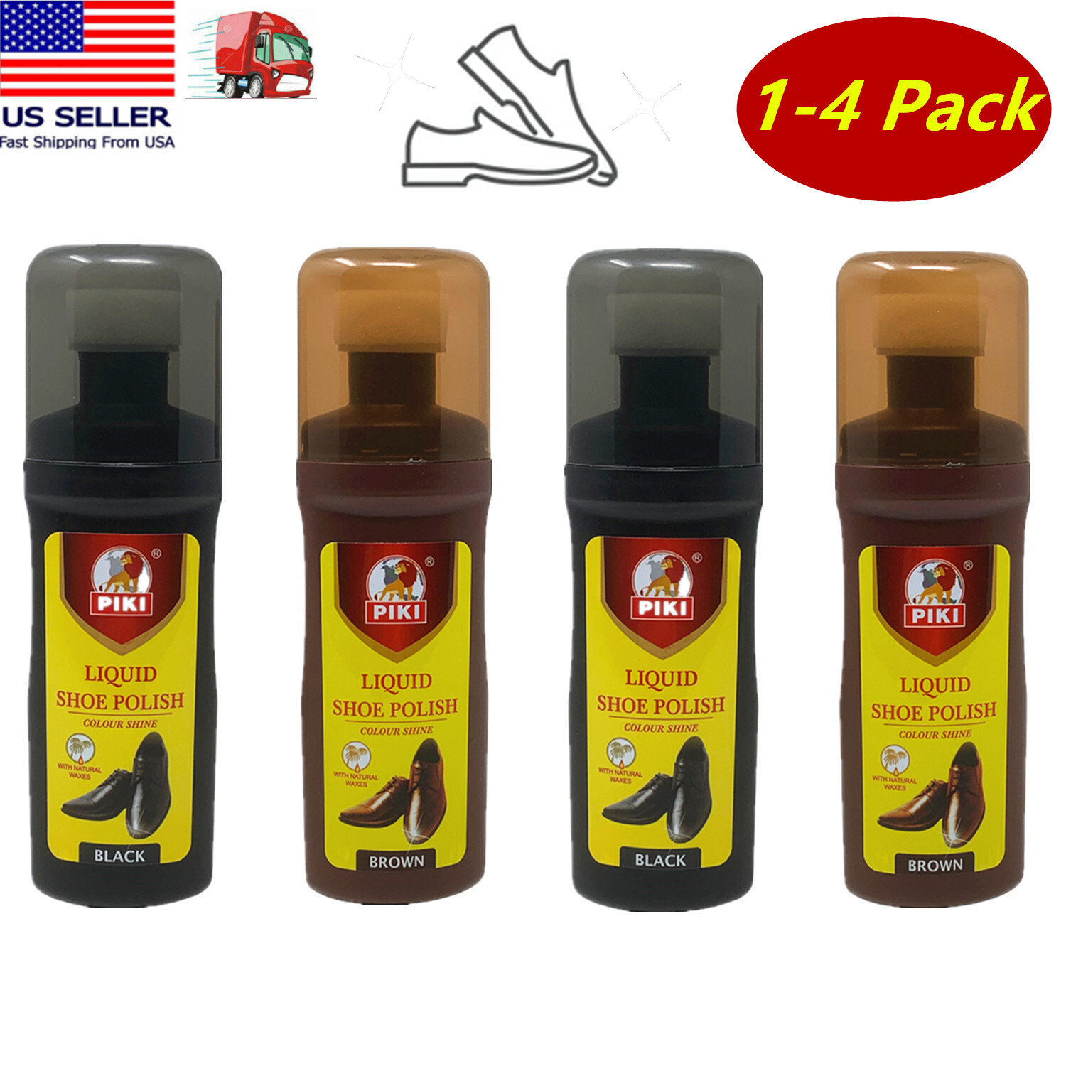 1-4 Pack of PIKI 60ML Shine Instant Liquid Shoe Polish (Black And Brown)