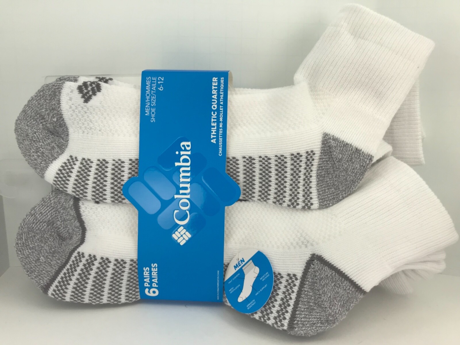 Men’s COLUMBIA Socks, White Quarter Crew Socks, 6 Pack, $36 MSRP 🌲🎒