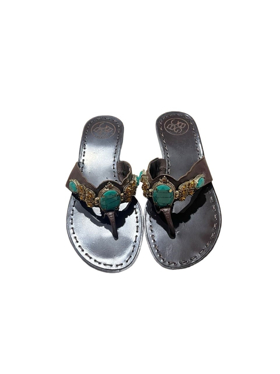 BCBGeneration Women’s Leather Thong Slip-On Sandals Brown/Turquoise Beaded 6.5