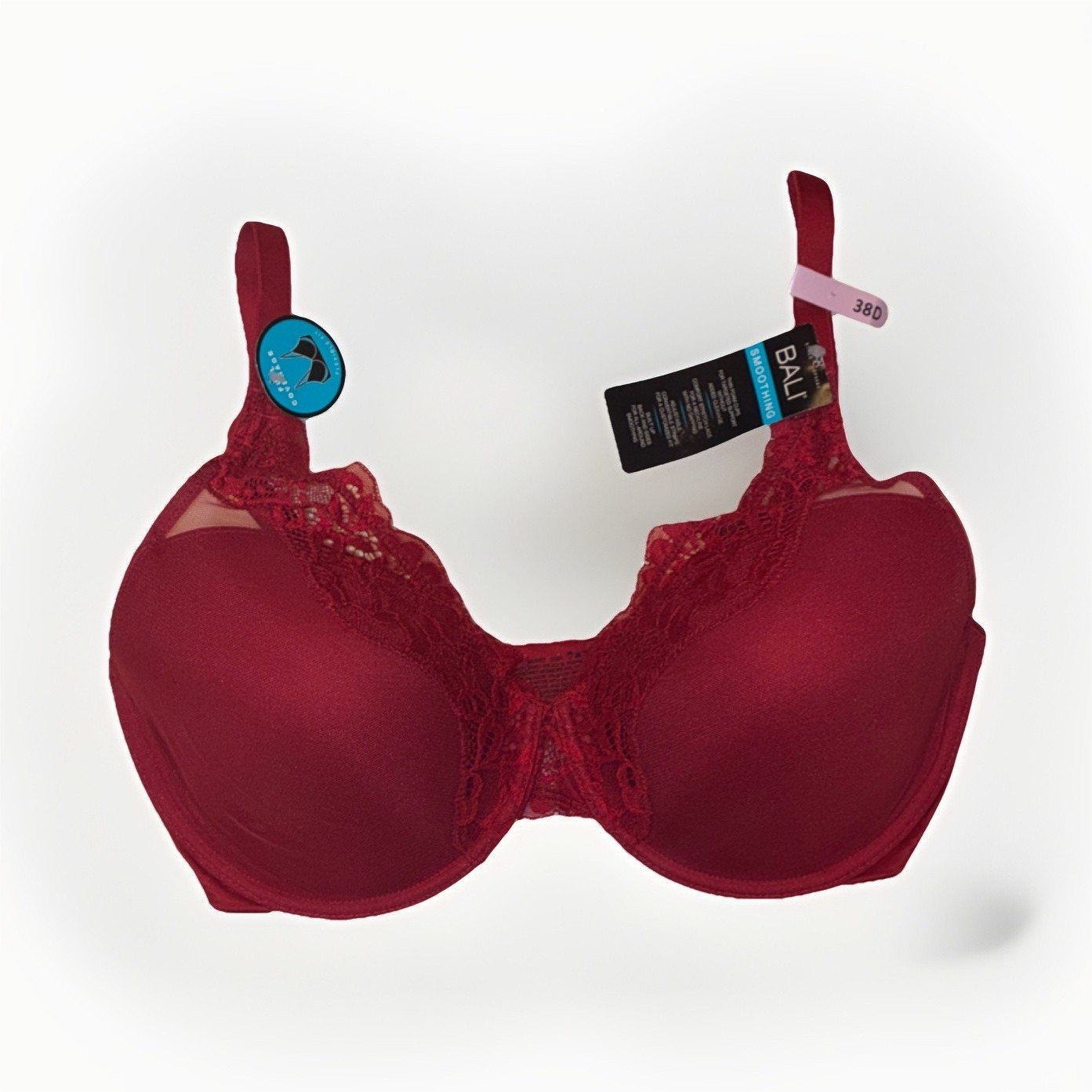 Bali Smoothing T-Shirt Bra 38D Red Lace Underwire Convertible Straps DF0084