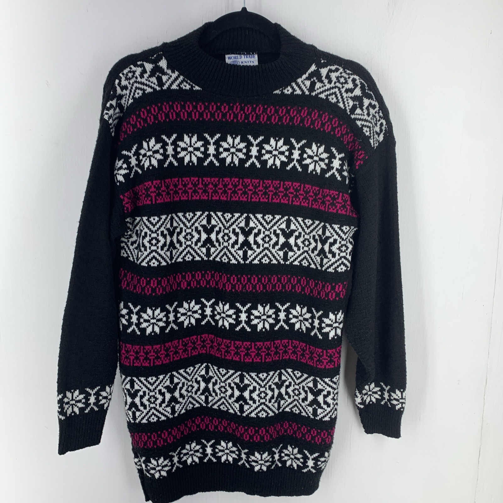 Vtg World Trade Knits Sweater Pullover Mock Neck USA Fair Isle Tunic