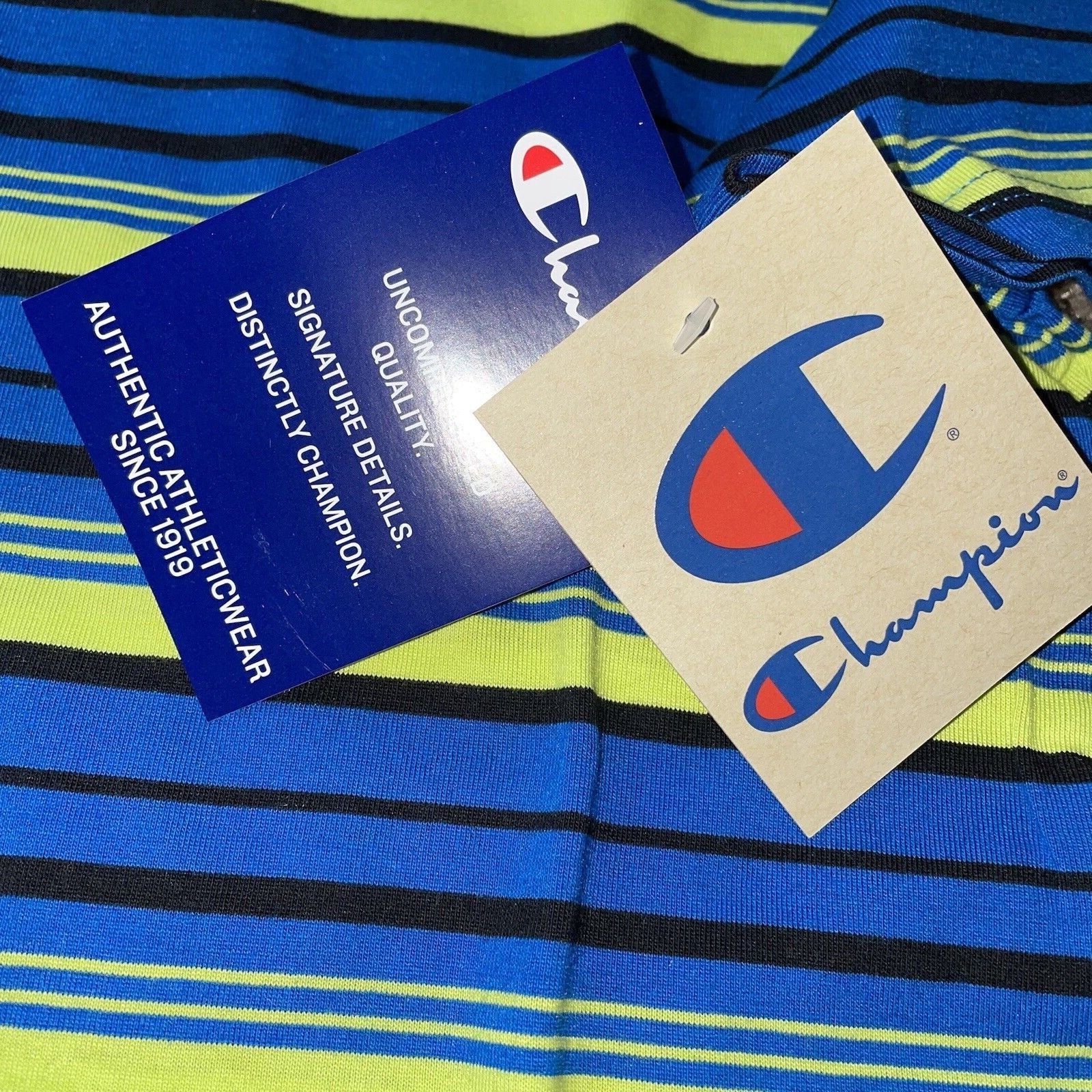 Champion Classic Tailored Stripe Short Sleeve T-Shirt Blue Green Black Men’s NWT