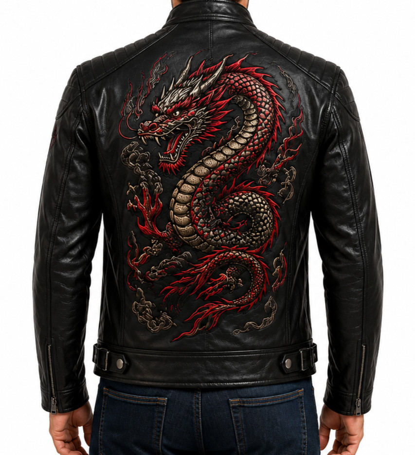 Men’s Dragon Embroidered Leather Jacket Gothic Streetwear Biker Motorcycle Coat