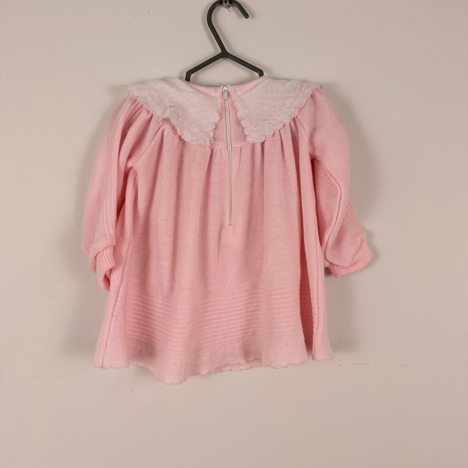 Vintage Bebe Kids Pink Knit Dress Embroidered Peter Pan Collar Long Sleeve 14in