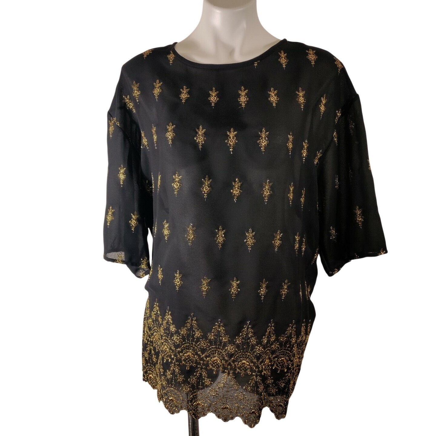ABS Allen Schwartz Collection Black Blouse Top Gold Embellishments Sz M – Stains