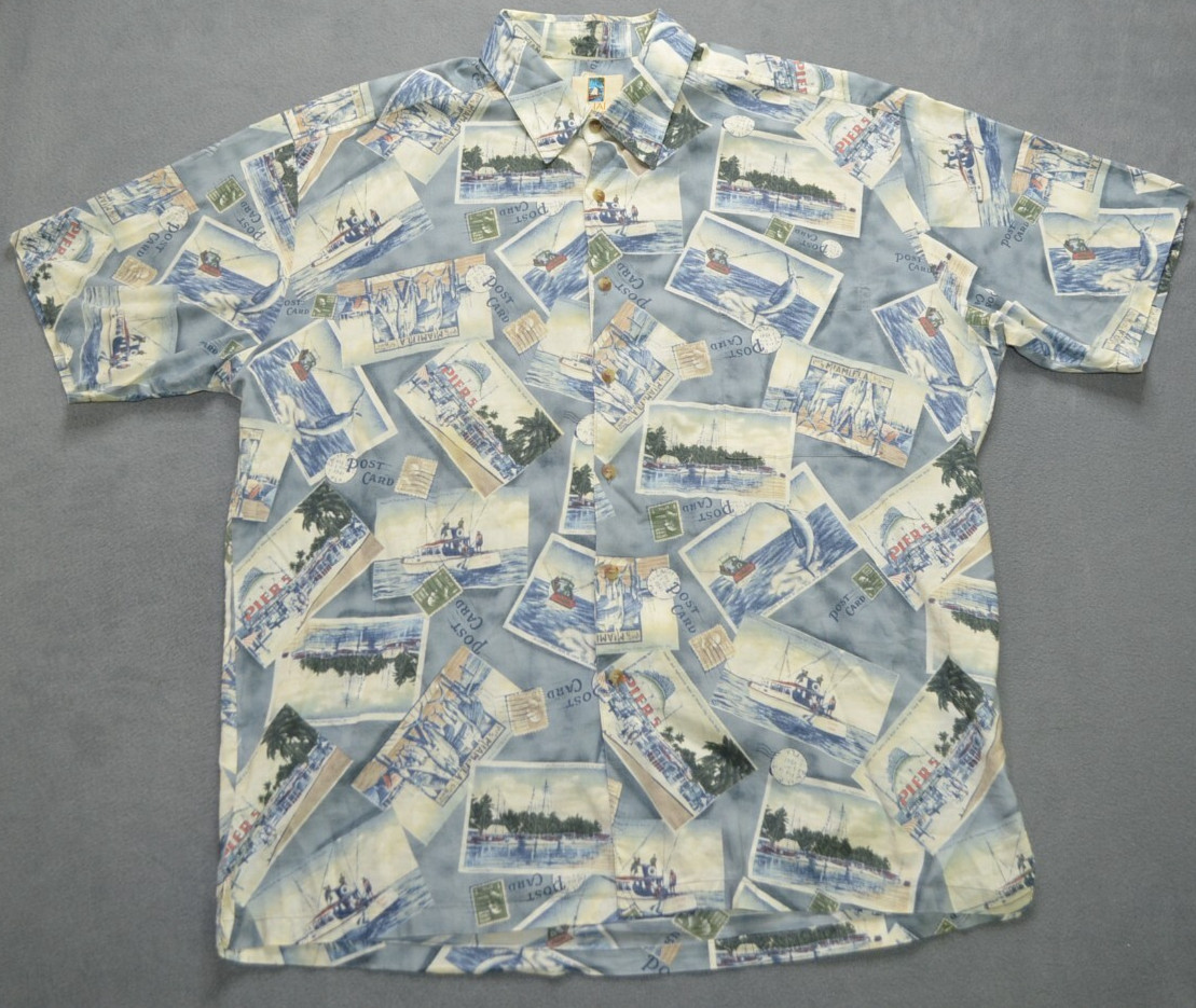 Kahala Hawaiian Islands Shirt Mens XL Fish Boats Postcards Print Cotton Lawn