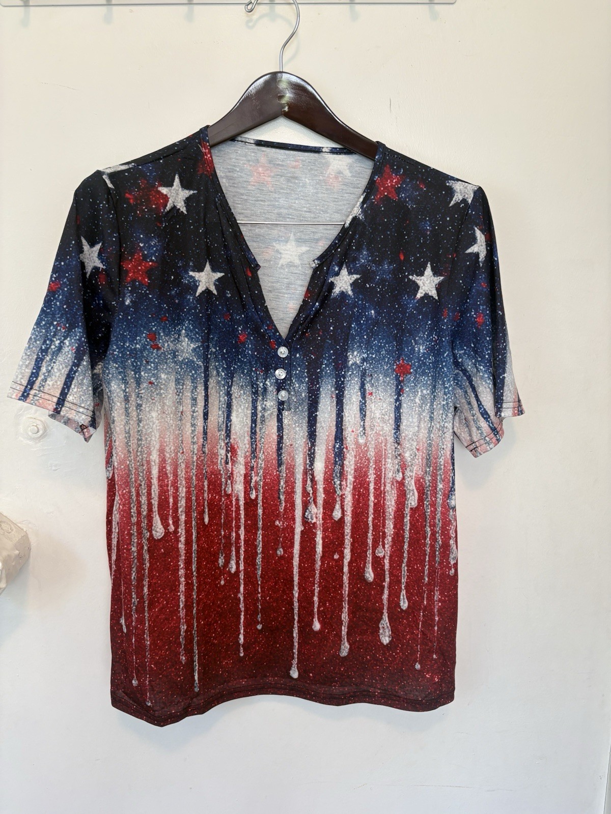 World Unity Patriotic Red White & Blue With Stars Blouse, Women’s Size XL