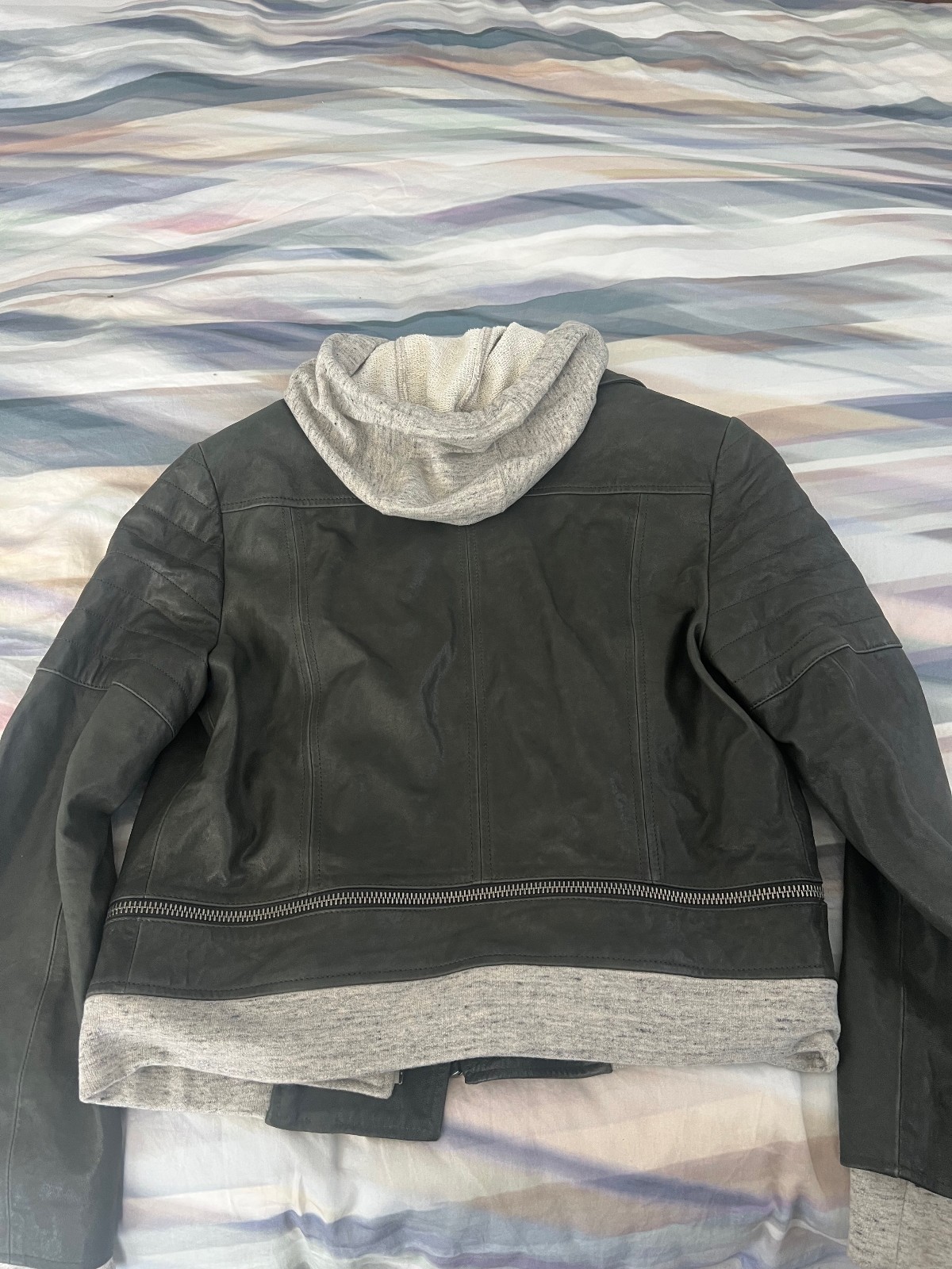 AO.LA by Alice + Olivia Lamb Leather Gray Biker Jacket w/Hood L/G-Moderate Use