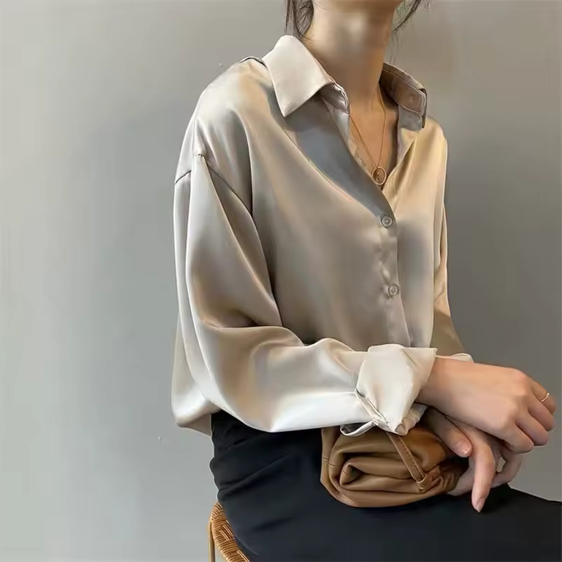 Women Silk Shirt New Vintage Fashion Solid Button Up Long Sleeves Blouse Tops