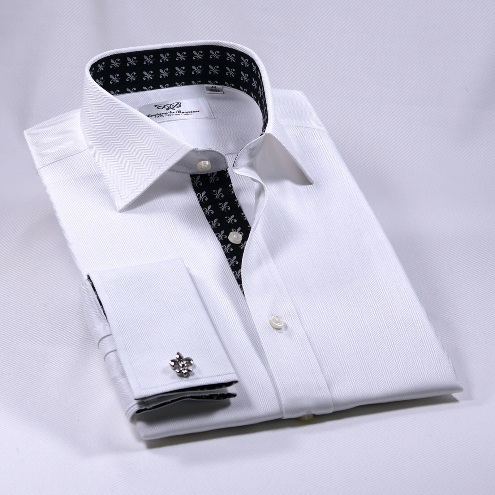 Black Italian Fleur-De-Lis White Heiingbone Twill Men’s Dress Shirt Sexy Floral