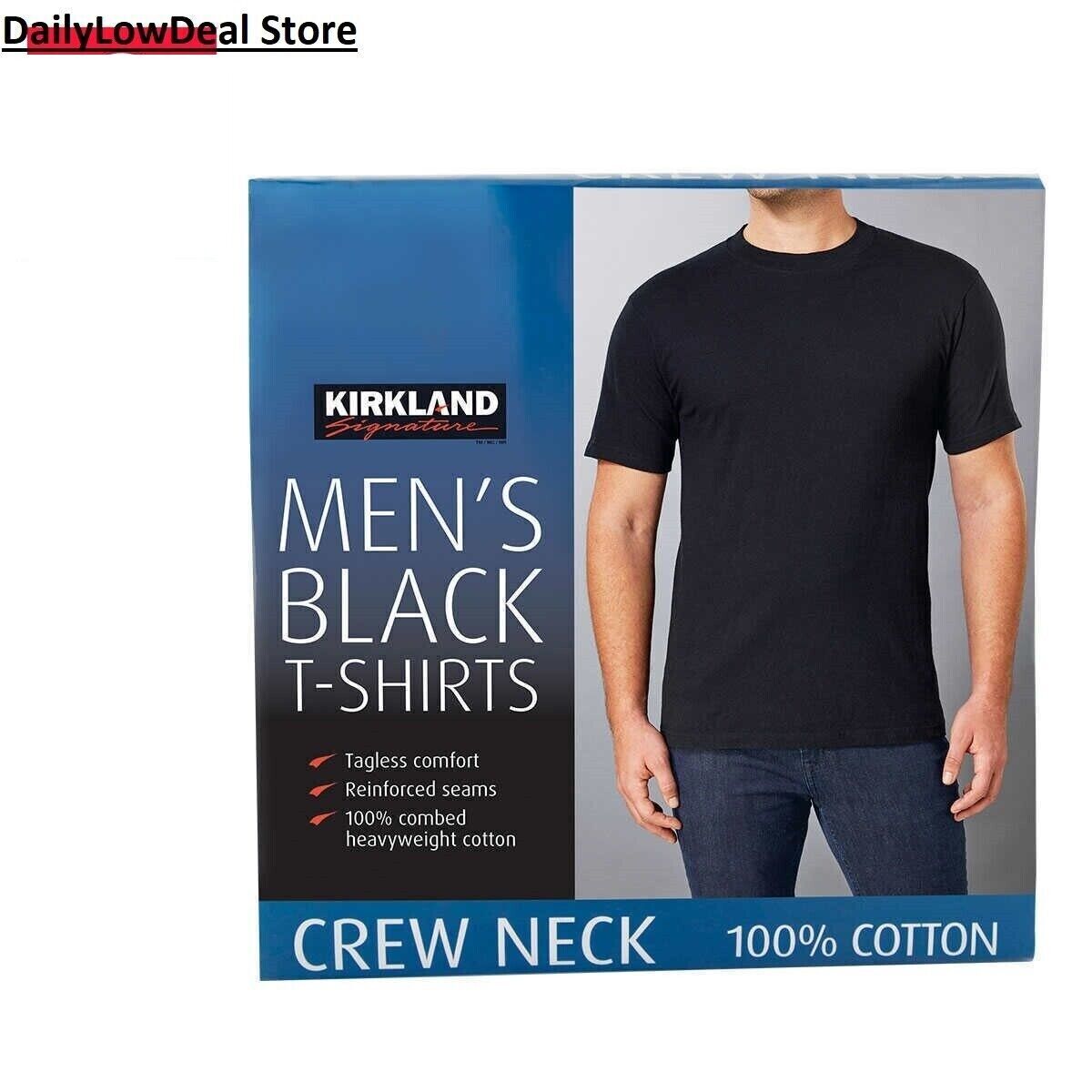 Kirkland Men’s Black 100% Cotton Crew Neck T-shirt FREE SHIPPING! 2 OR 6 PACK