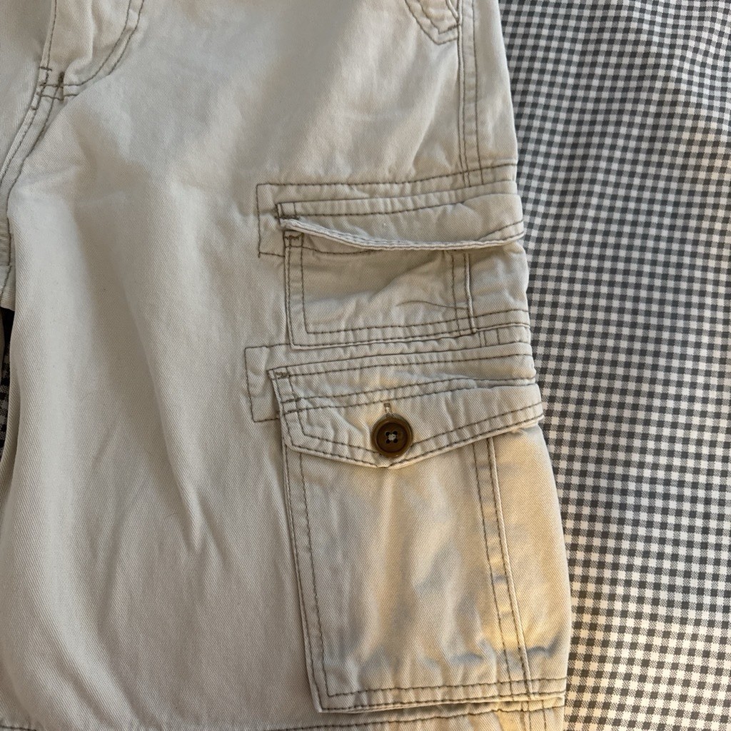 Iron Co. Beige Solid Cargo Shorts Cotton Canvas Flat Front Button Cargo Pockets