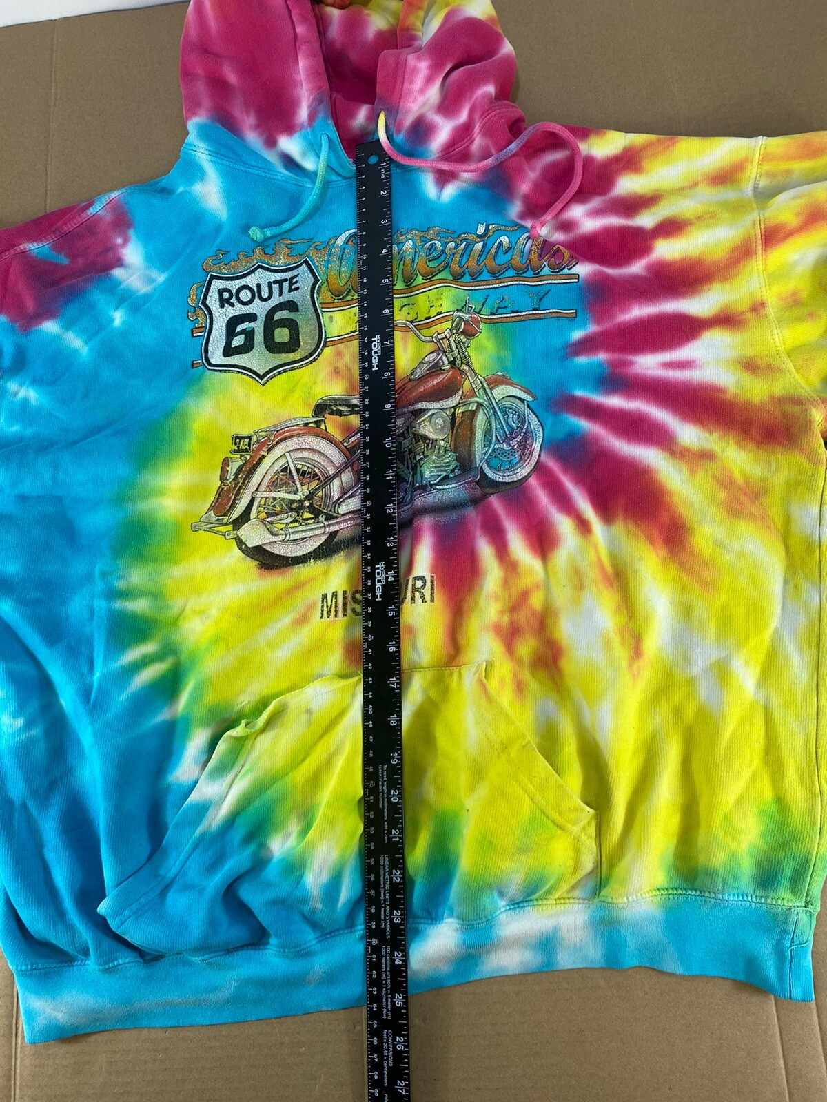 Vintage 80s 90s Tie Dye Hoody Hoodie Sweatshirt Route 66 Distressed Motorcycle