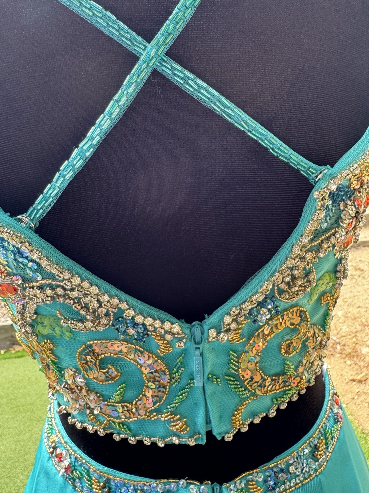 Sherri Hill Aqua Beaded Sequin Mermaid Gown V-Neck two-piece Long Formal 4