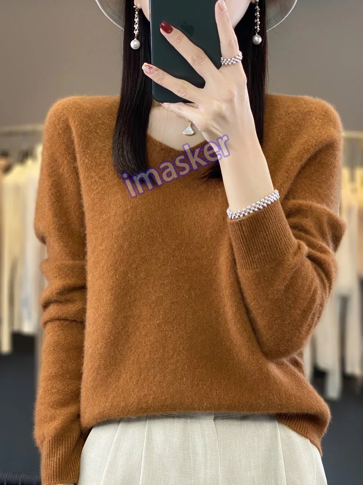 Women’s V-neck Pullover Sweater Knitwear Soft Warm Cashmere Loose Grace Style
