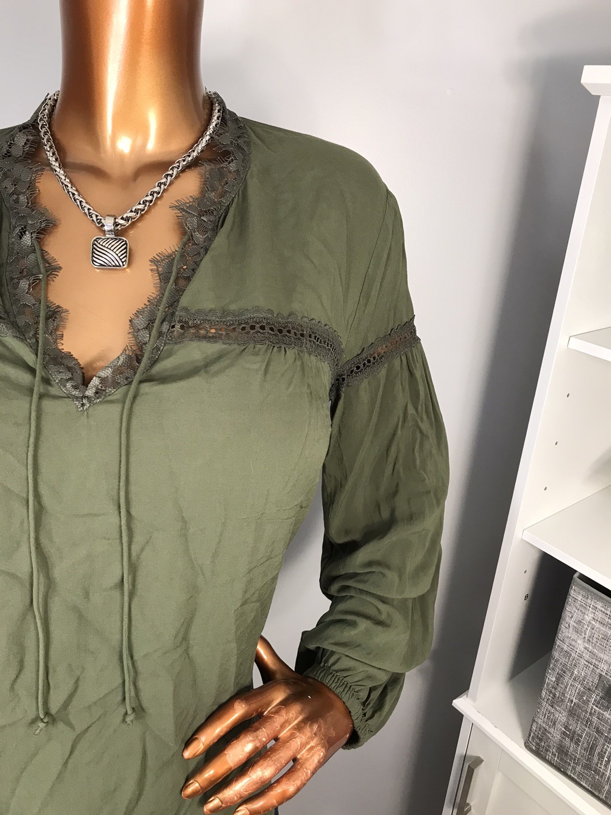 Express S Top Olive Green Lace Trims Low Cut Neck Tie Strings Blouse Soft LiteWt