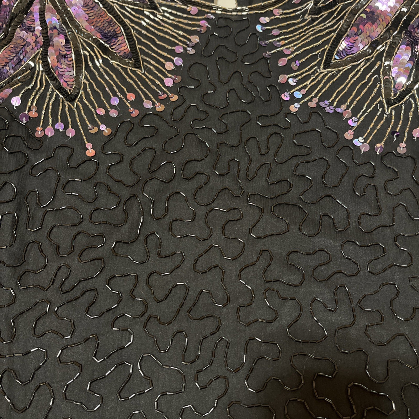 VINTAGE Laurence Kazar Women Blouse L Black Silk Beaded Sequin Wings 90s
