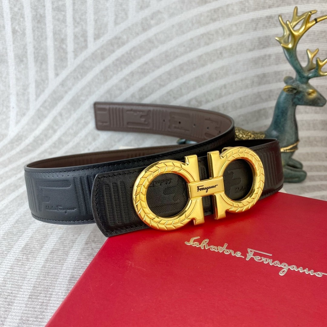 Ferragamo Handcrafted Leather Belt Reversible width 3.8cm/1.5inch Gold Buckle