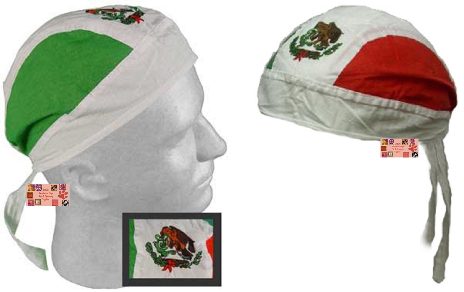 MEXICO Flag FITTED TIED BANDANA w/Ties DOO RAG MEXICAN Head Wrap Skull Cap DO Du