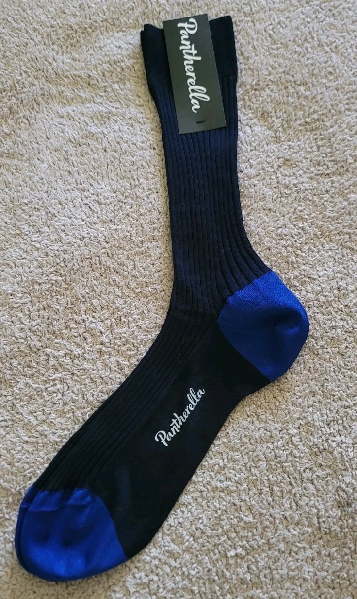 Pantherella PORTOBELLO Cotton-Blend Ribbed Dress Socks Navy/Ultramarine Sz Large