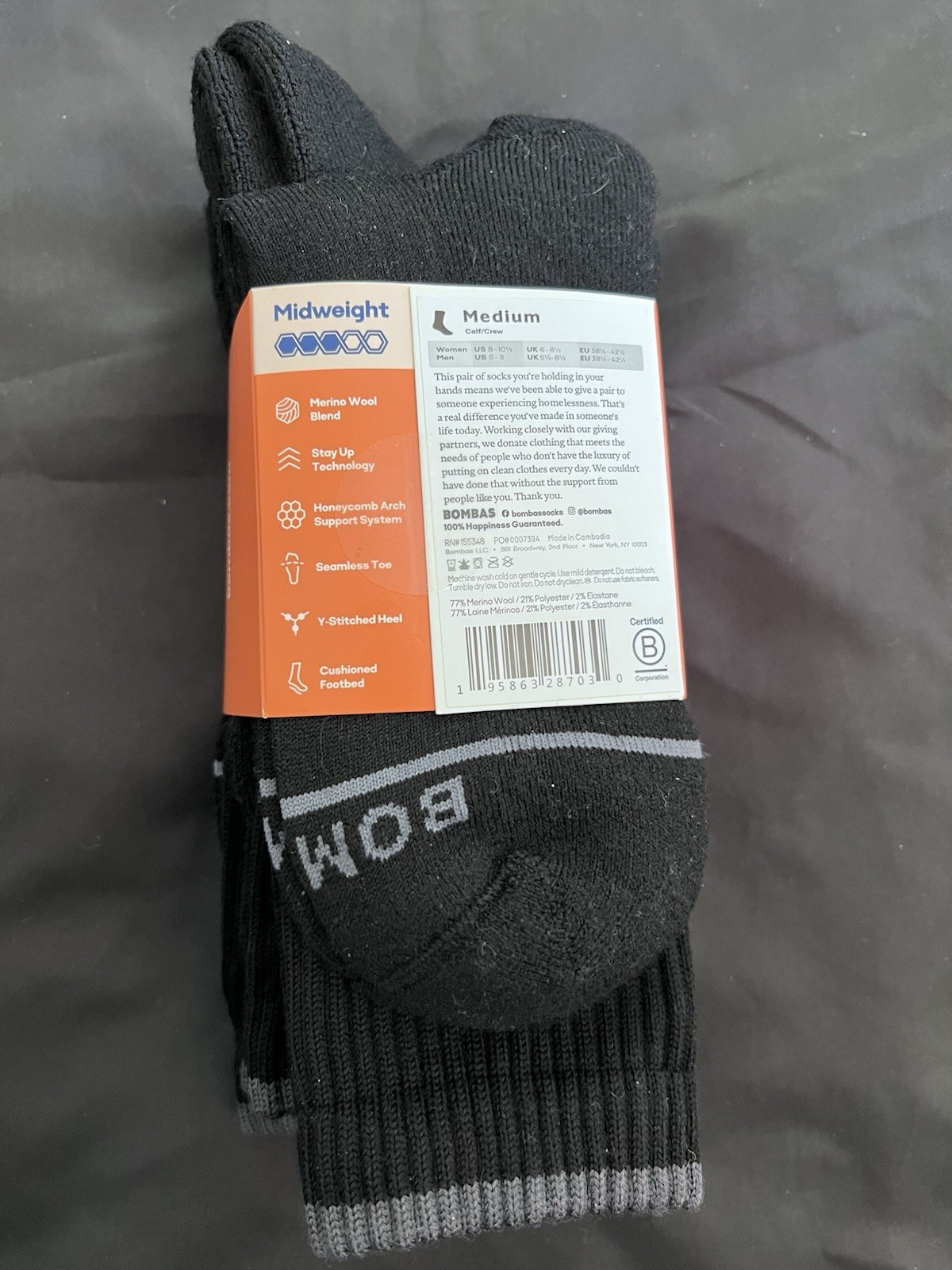 Bombas 3-Pack Merino Wool Blend Crew Socks Size Medium Black New