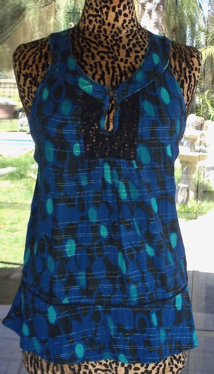 Bohemian Macrame Back Babydoll Style Sleeveless DKNY Shirt Sz. M 36″ Bust