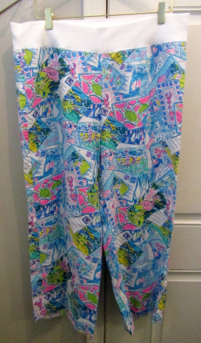 Lilly Pulitzer XL Beach Palazzo Pants Linen Pop Up Wish You Were Here Print