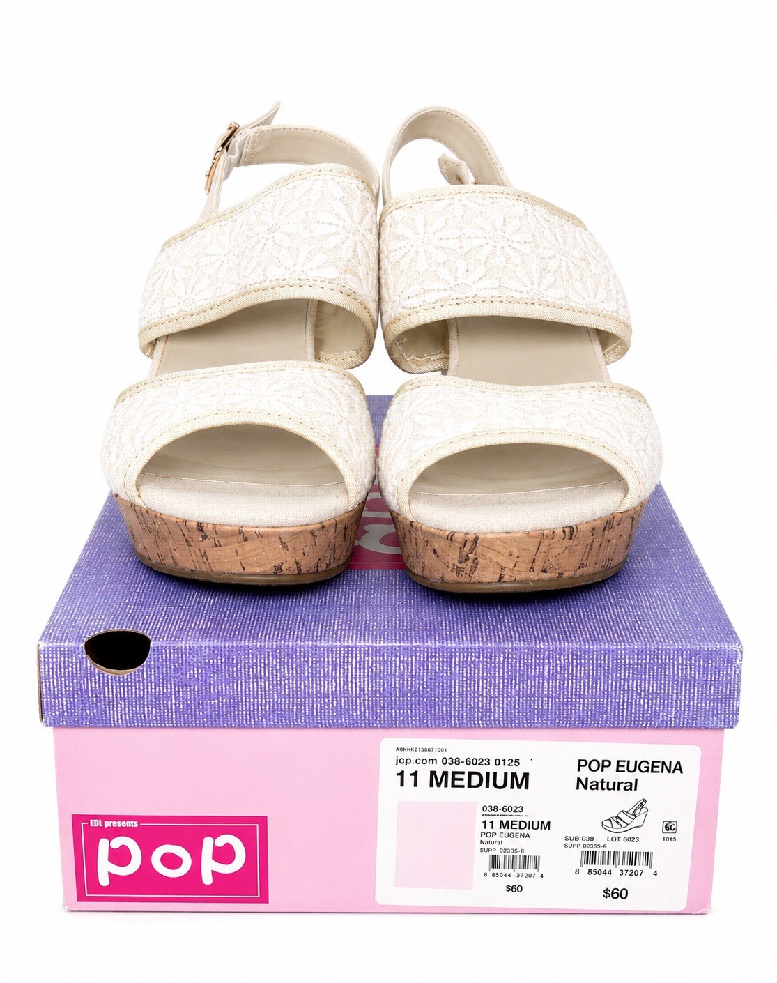 POP Eugena Natural Lace Cork Wedge Sandals Women’s Size 11M Open Toe Slingback
