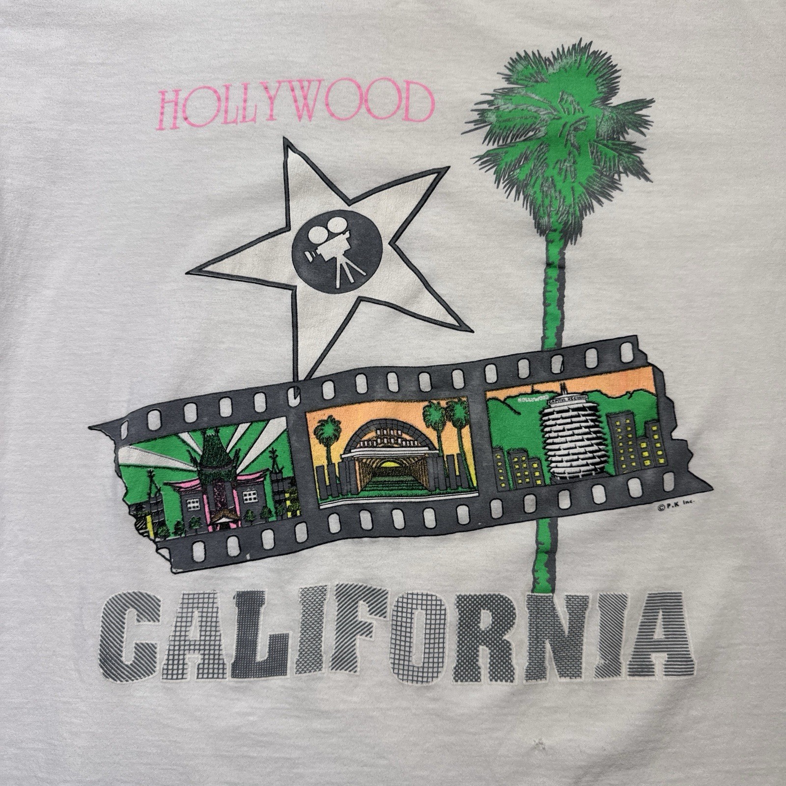 Vintage BYC Hollywood T-Shirt Made in Korea XL Retro Graphic Palm Trees White
