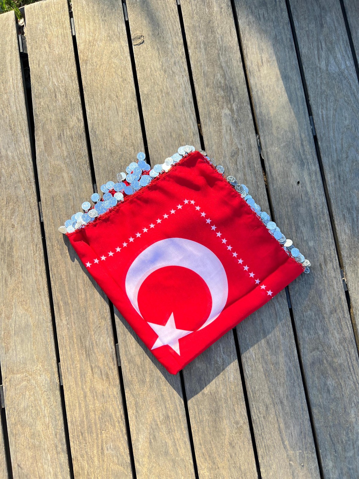Handmade Red Turkish Flag Beaded Headscarf Yazma 100×100 cm Unique Boho Vintage