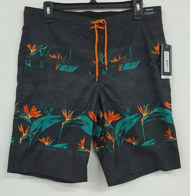 Roundtree & Yorke Charcoal Grey Orange Floral Men’s Swimwear NWT $49.50 M L