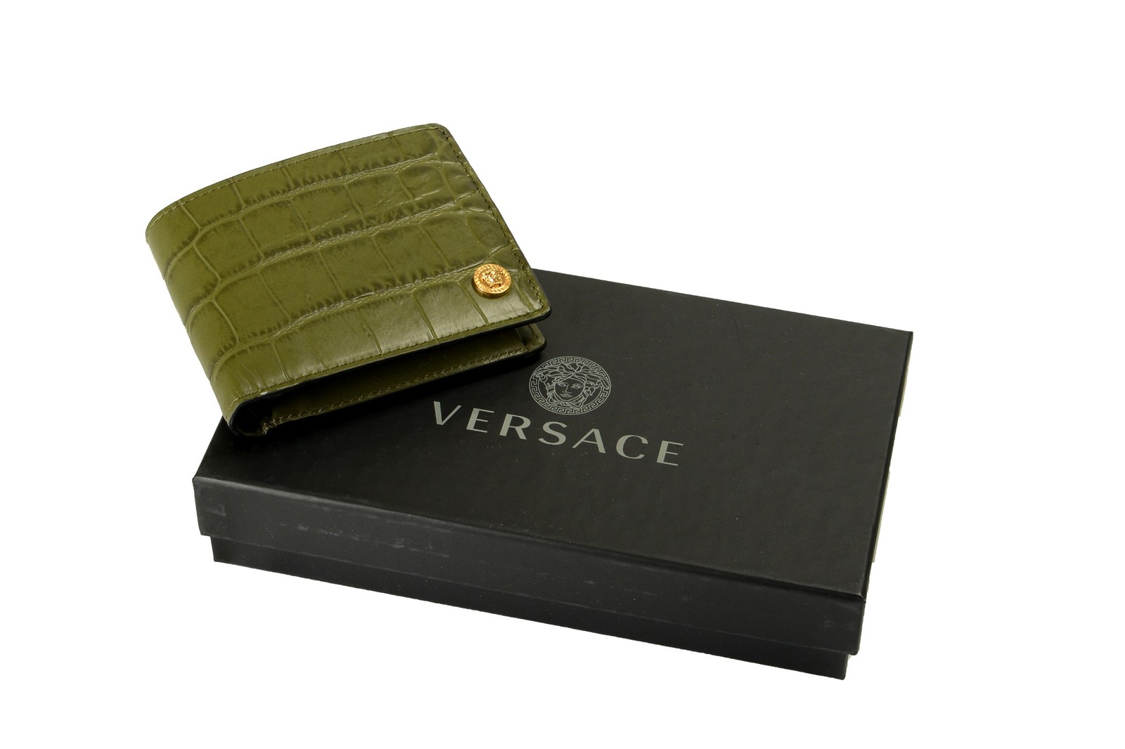 Versace 100% Leather Croc Print Gold Medusa Head Bifold Wallet W/Coin Pocket