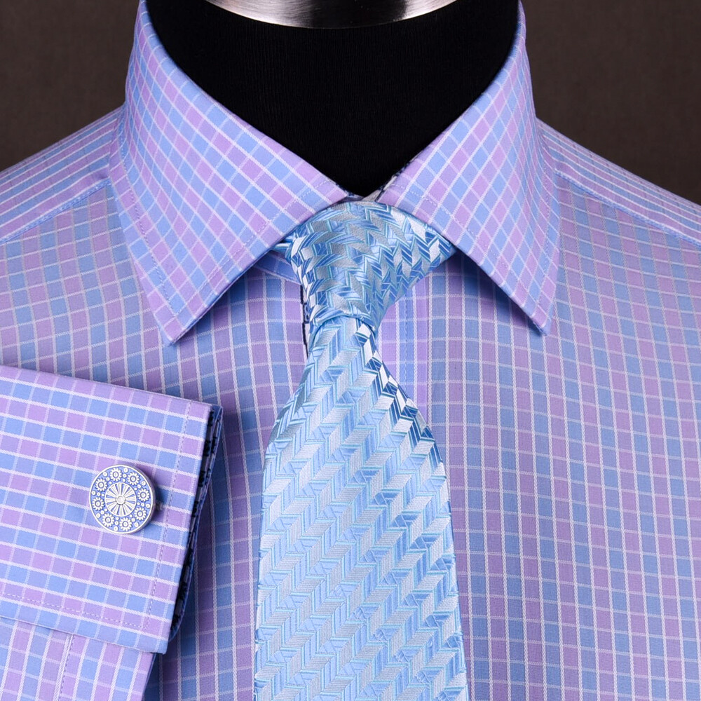 NEW Arrival Purple Blue Check WIth Blue Fleur-De-Lis Dress Shirt French Cuffs