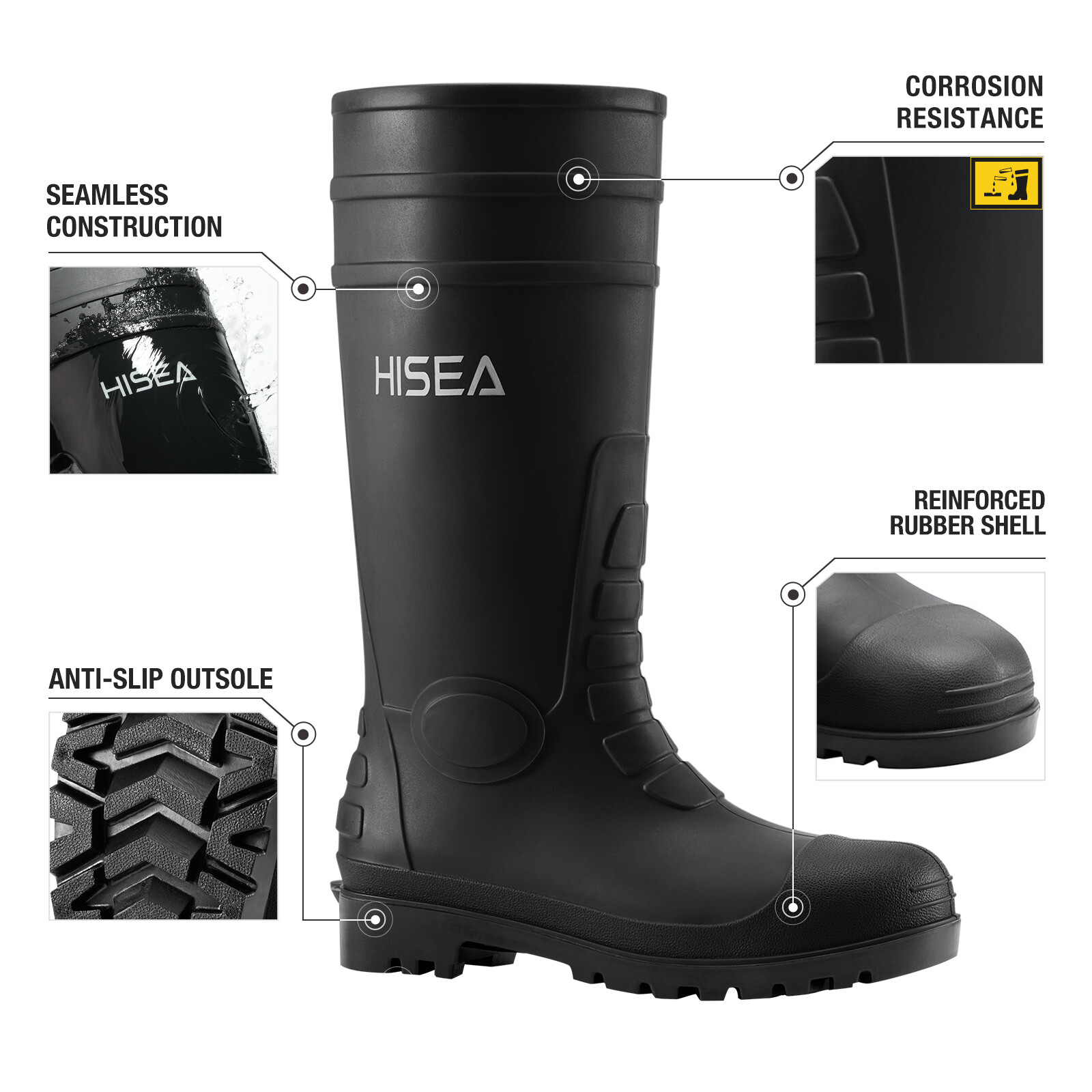 HISEA Men Rain Boots w/Steel Shank Waterproof Corrosion-Resistant Mud Work Boots
