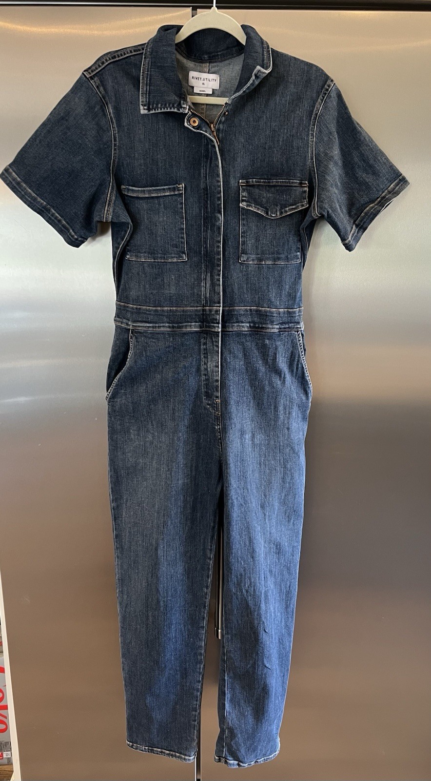 RIVET UTILITY L/XL Blue Denim Jumpsuit Short Sleeve Rebel Stone Wash Stretch