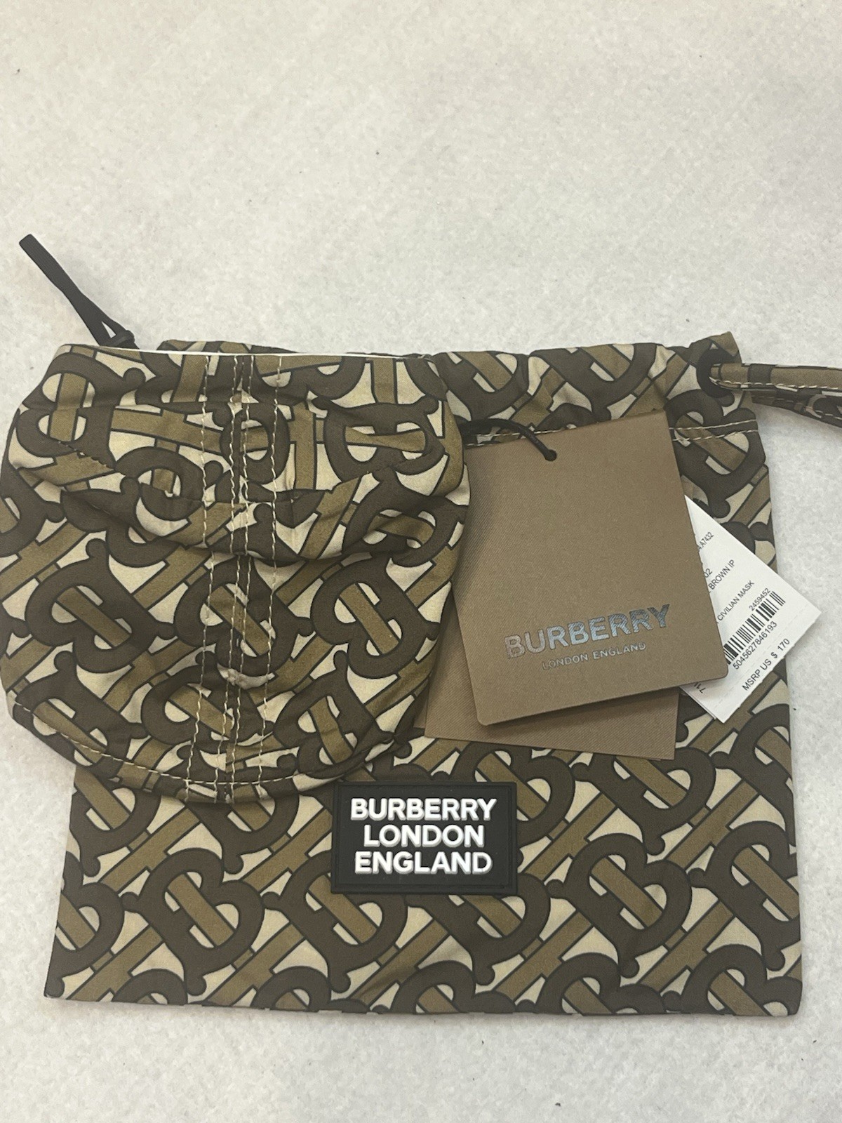 Burberry Monogram Cotton Adjustable Face Mask w/ Drawstring Pouch One Size