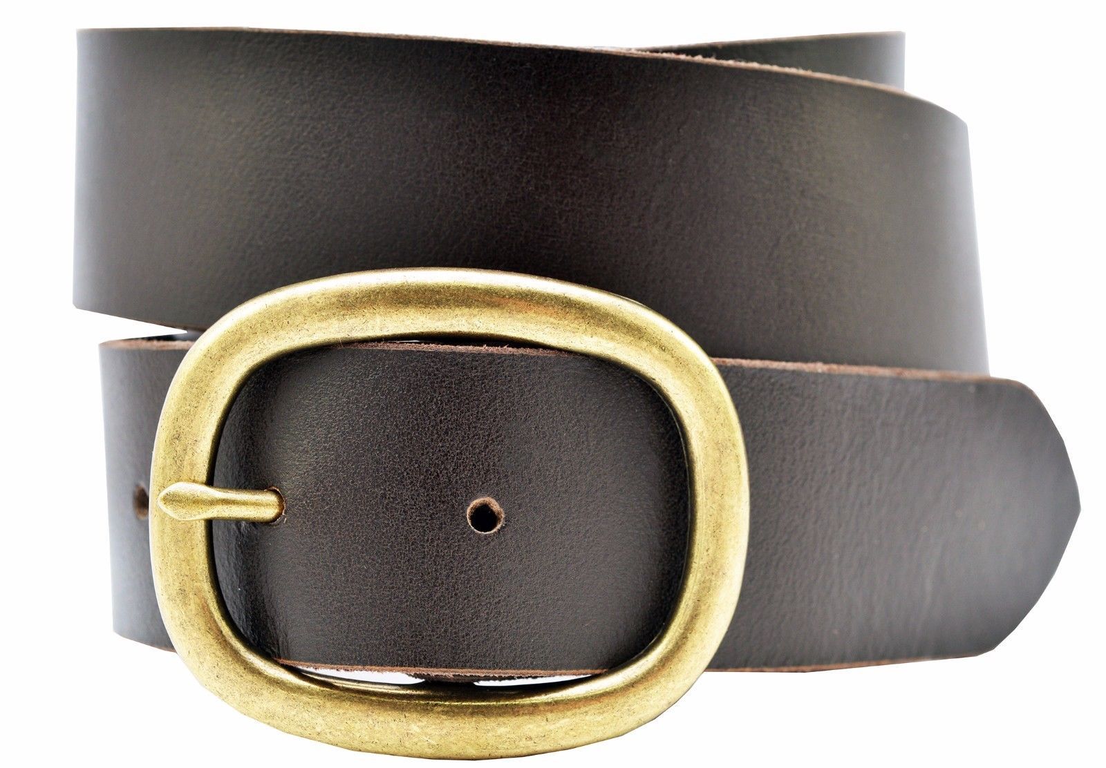 Full Grain Solid Cowhide Leather Belt w/Brass Center Bar Buckle – Brown
