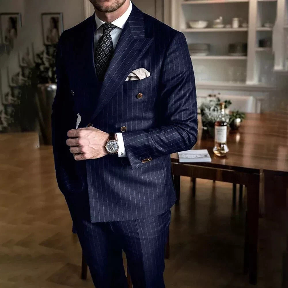 Chic Pinstripe Men’s Suits 2 Pieces Set Formal Double Breasted Peak Lapel Suit