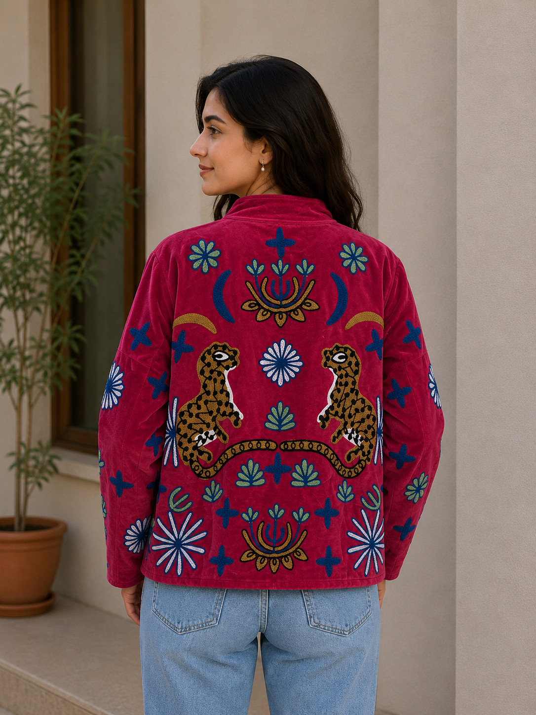 Pink Floral Velvet Suzani Jacket Handmade Embroidered Festival Fashionable Coat