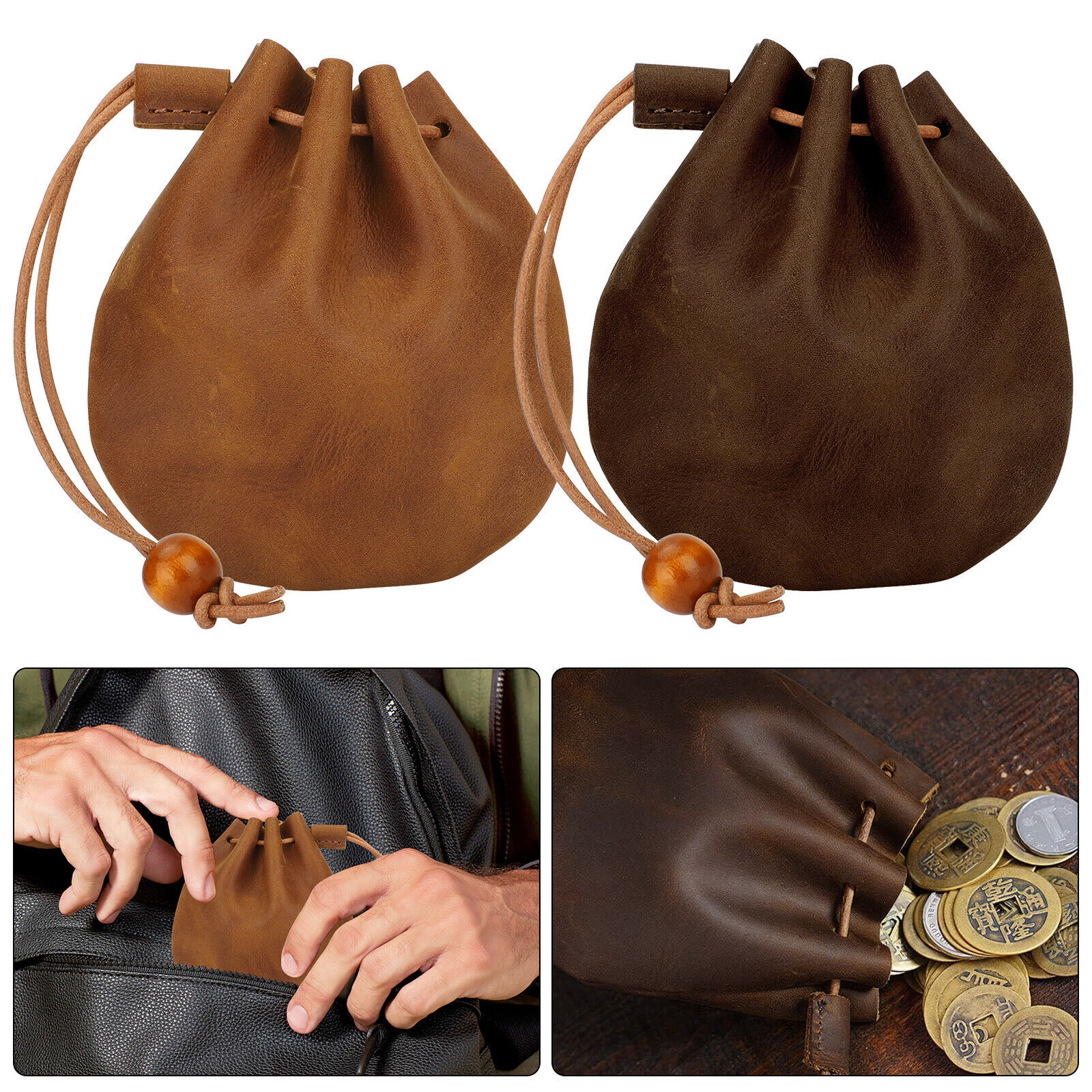 Leather Wallet Coin Pouch Case Drawstring String Bag Small Purse For Men Women
