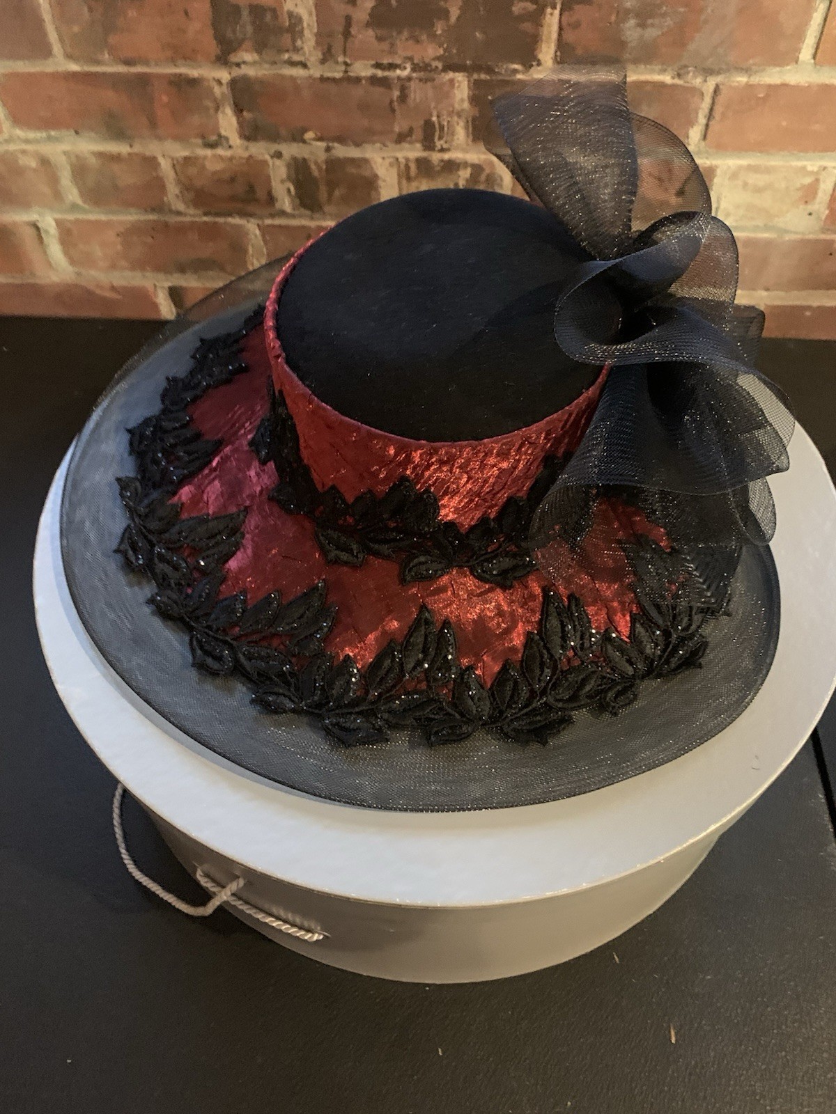 Mr. Song Millinery Hat Victorian Style Striking Red Texture Black Lace With Bow