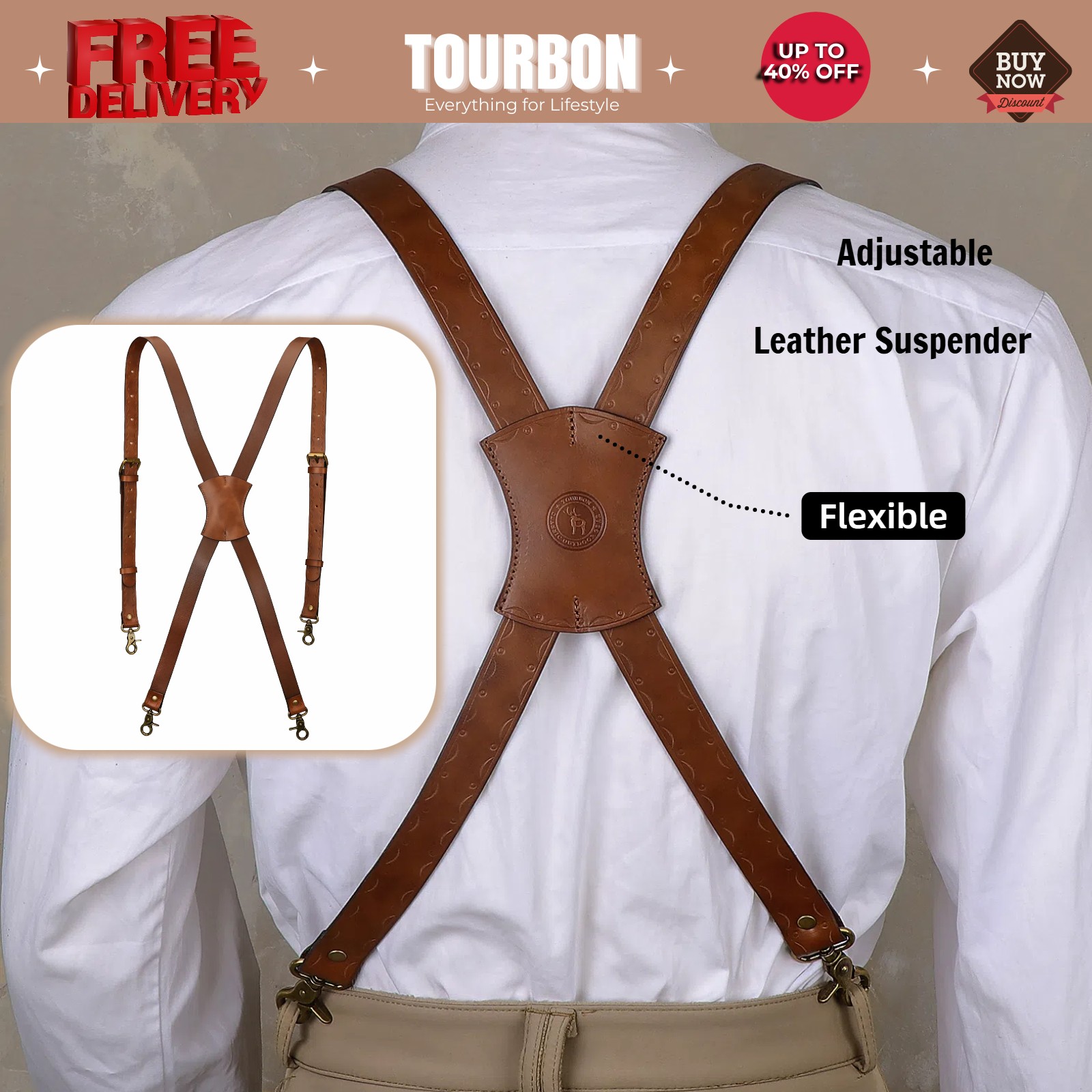 Tourbon Leather Men’s Suspenders X Back Adjustable X-Shaped Hooks Pants Braces