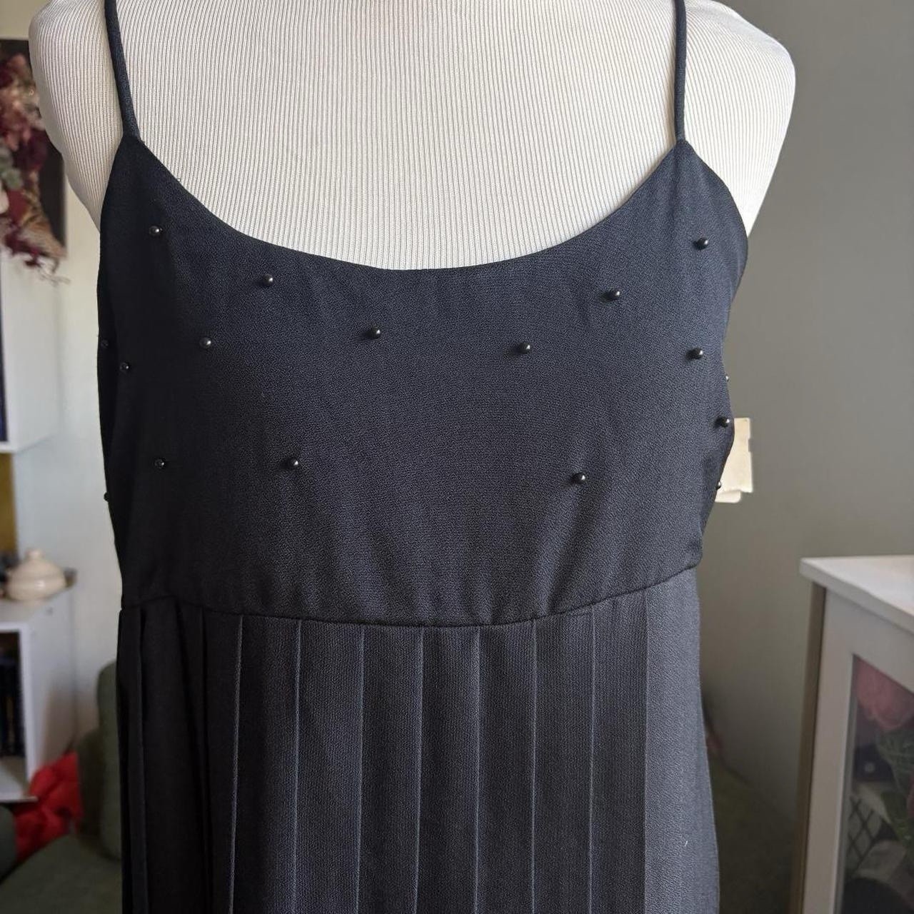 Vintage Black Beaded Mini Dress Pleated Slip Babydoll, 90s, fairy, grunge, goth