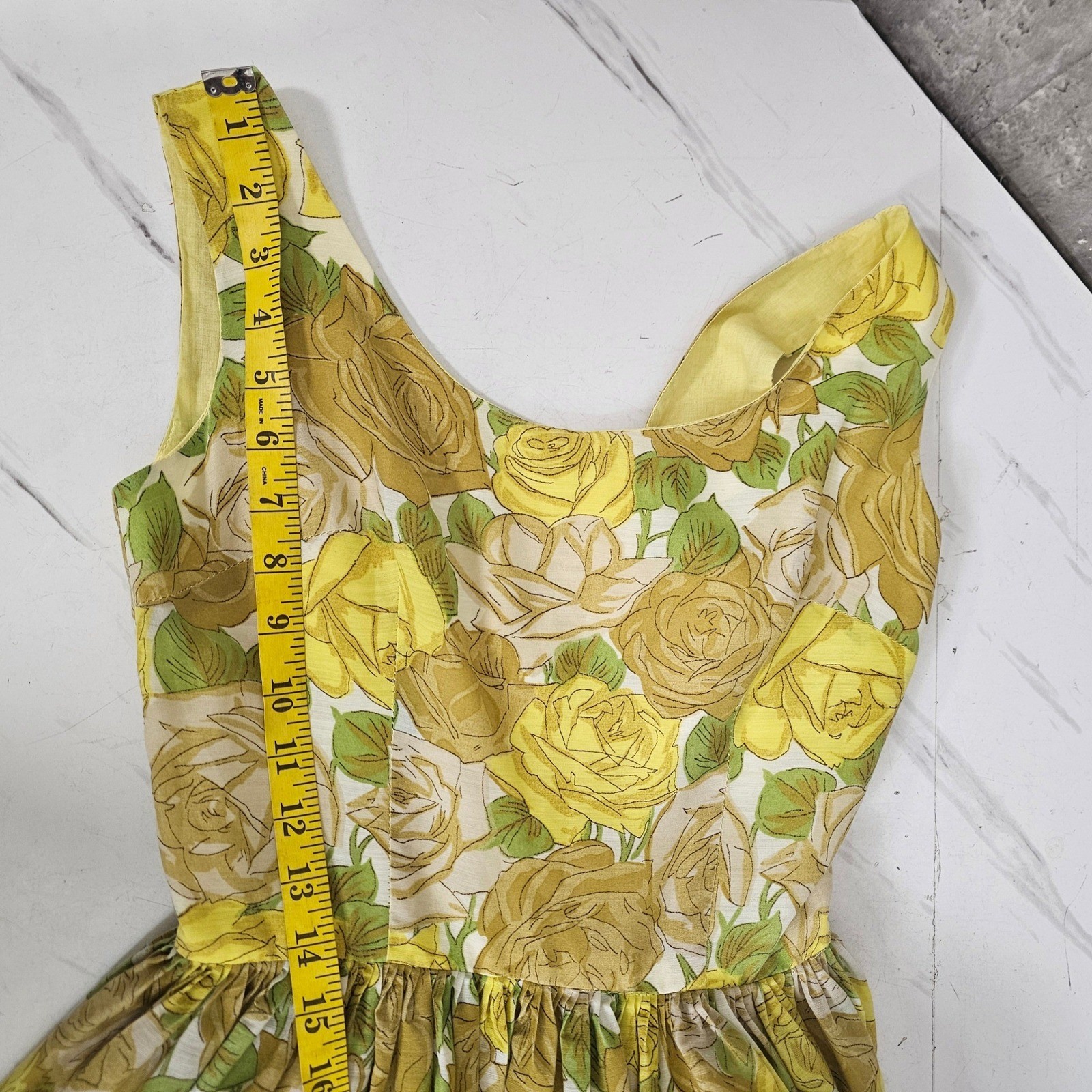 Vintage 50s 60s Melinda California Yellow Rose Floral Sundress Fit Flare Flirty