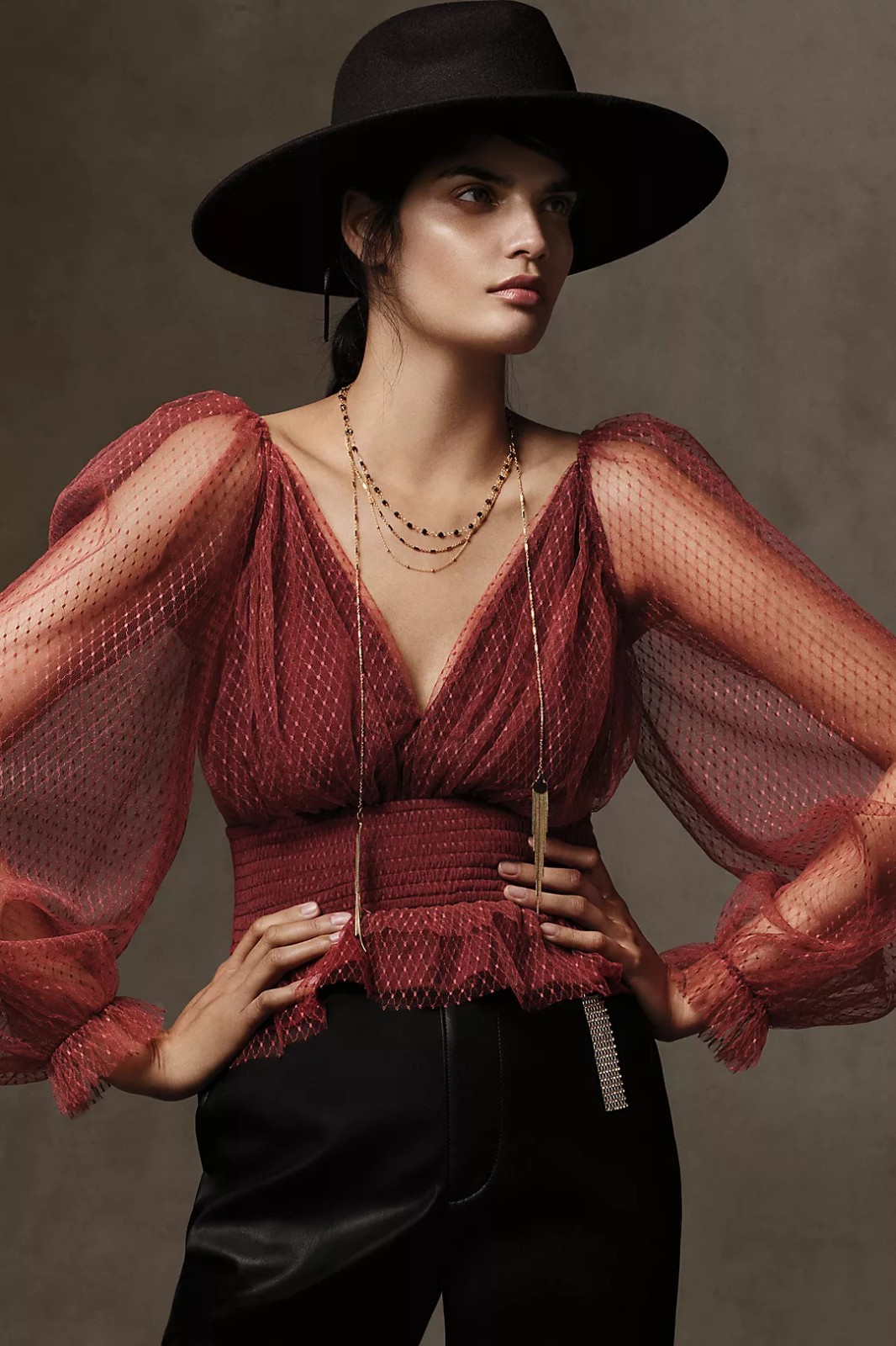 Anthropologie Tulle V-neck Mesh Puff Sleeve Sheer Smocked Blouse Size 1X Whimsy