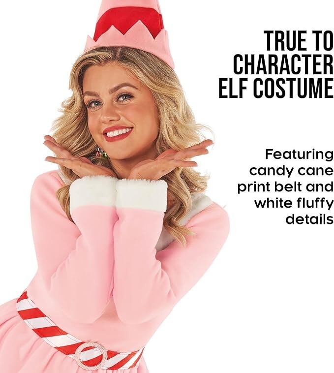 Womens Jovie Elf Costume Tights Pink Santa`s Helper Christmas Party Dress S-3XL