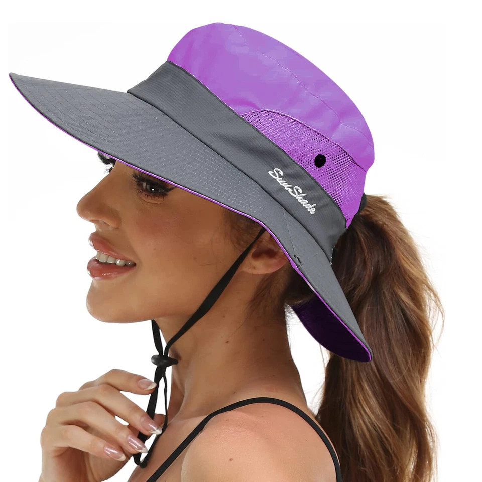 Women’s Summer Bucket Hat Travel Boonie Ponytail Wide Brim Sun UV Protection Cap
