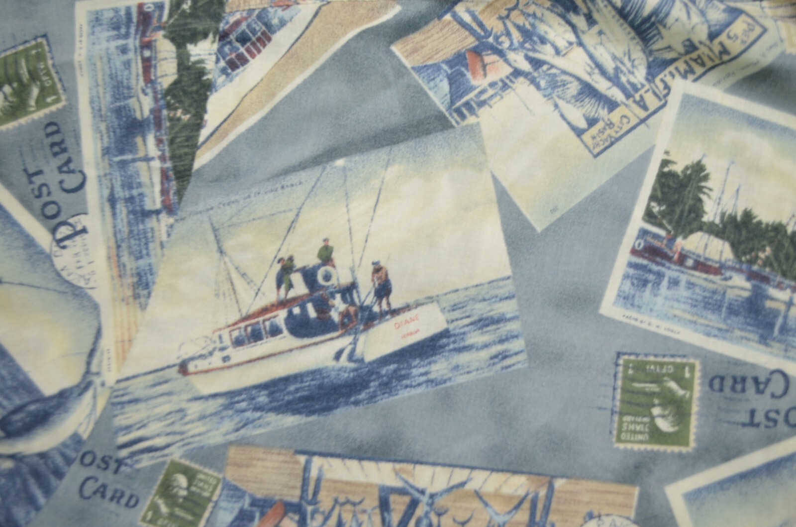 Kahala Hawaiian Islands Shirt Mens XL Fish Boats Postcards Print Cotton Lawn