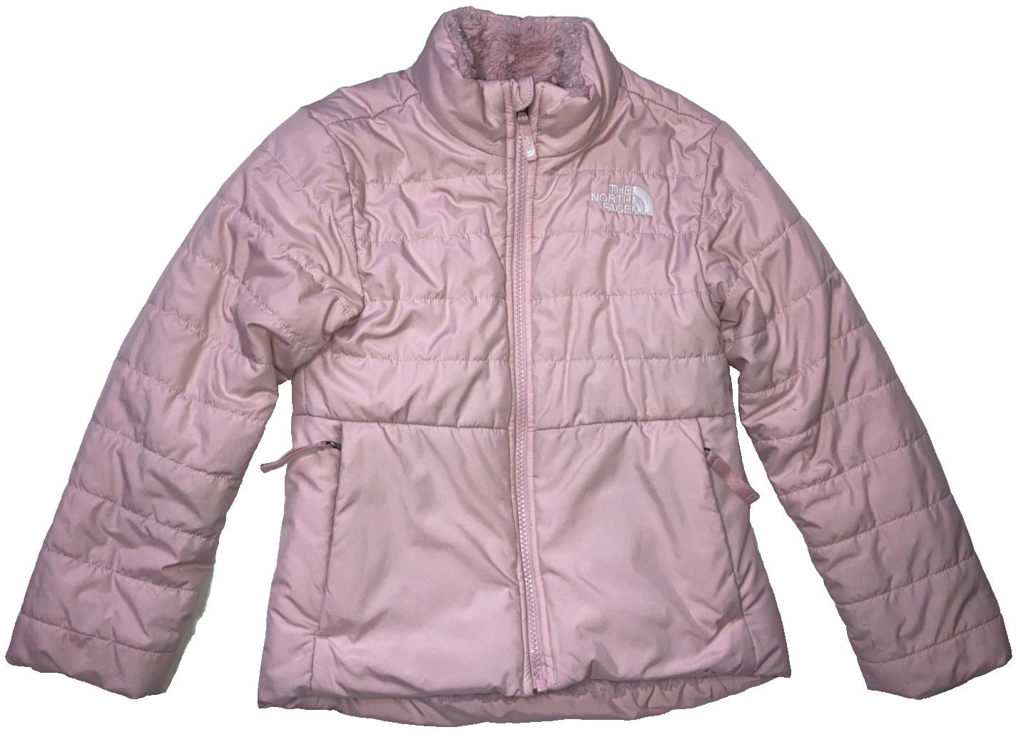 North Face Girls Reversible Mossbud Swirl Puffer Jacket Pink XS 6